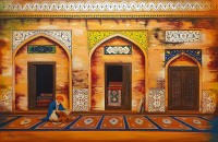 S. A. Noory, Wazir Khan Mosque, 40 x 60 Inch, Acrylic on Canvas, Figurative Painting, AC-SAN-178